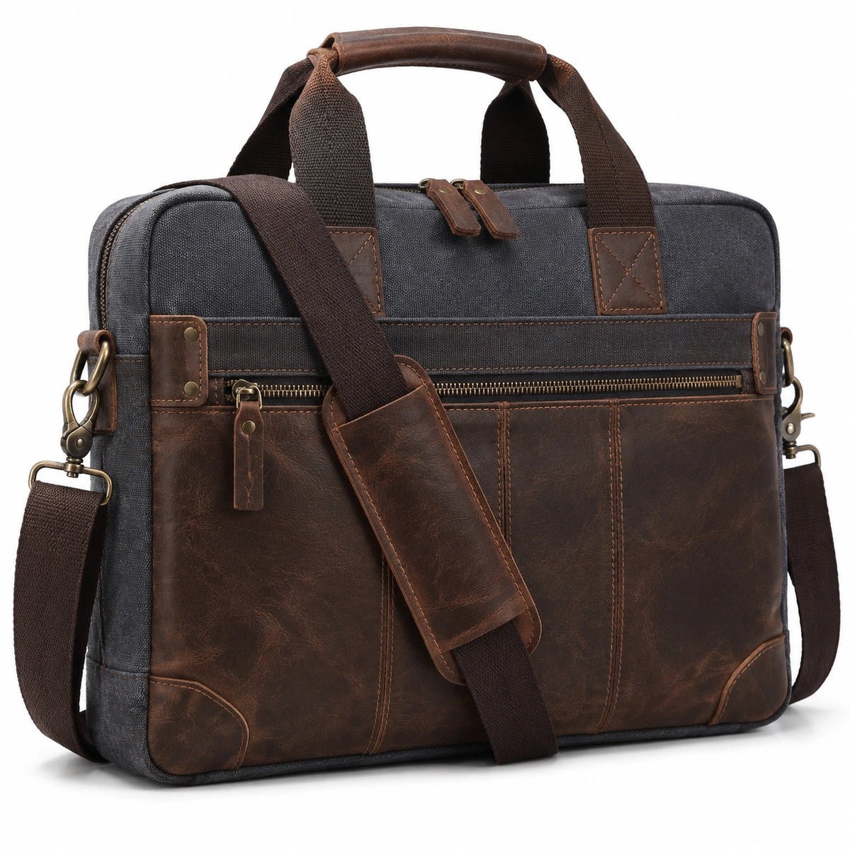 Laptoptasche 40 x 10 x 30 cm aus Textil und Lederoptik in Dunkelgrau Braun - Umhängetasche mit Schultergurt