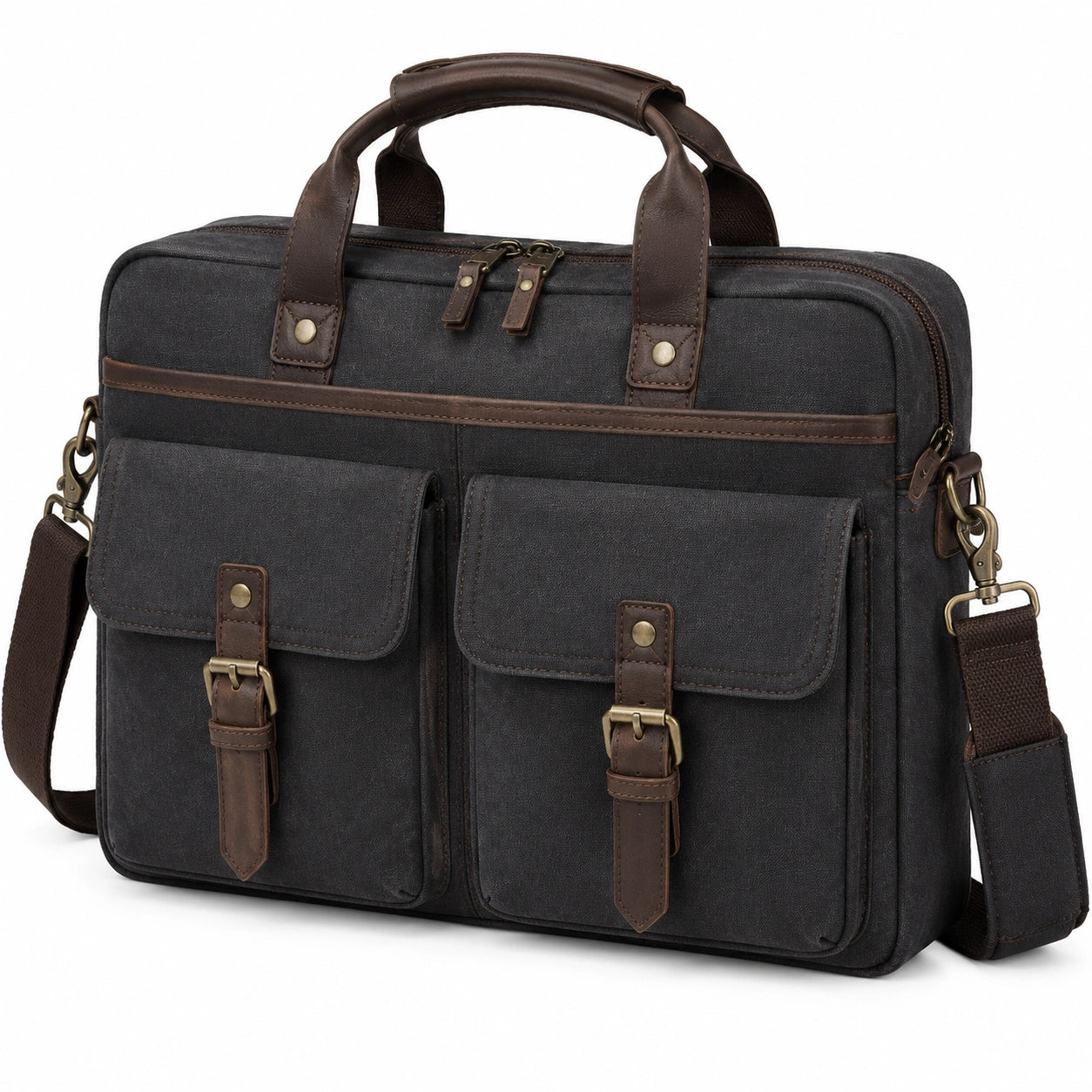 Laptoptasche 40 x 30 x 12 cm aus Textil und Kunstleder in Schwarz Braun mit Schultergurt