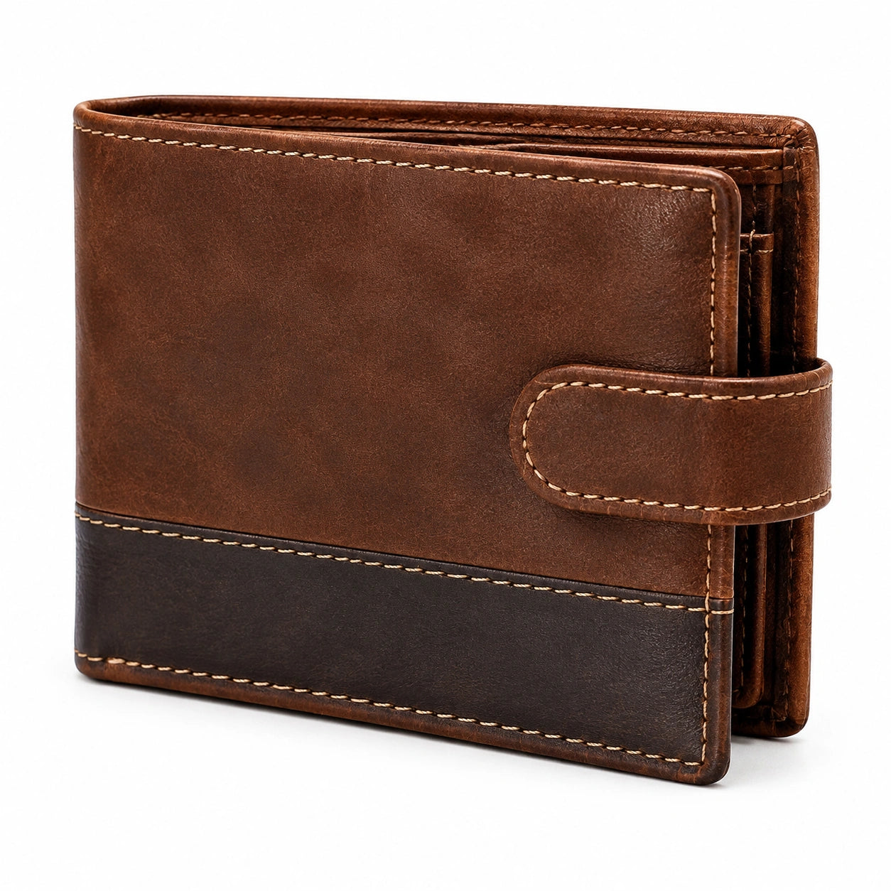 Geldbörse 12 x 9 x 2 cm aus braunem Leder mit Kartenfächern und Druckknopfverschluss