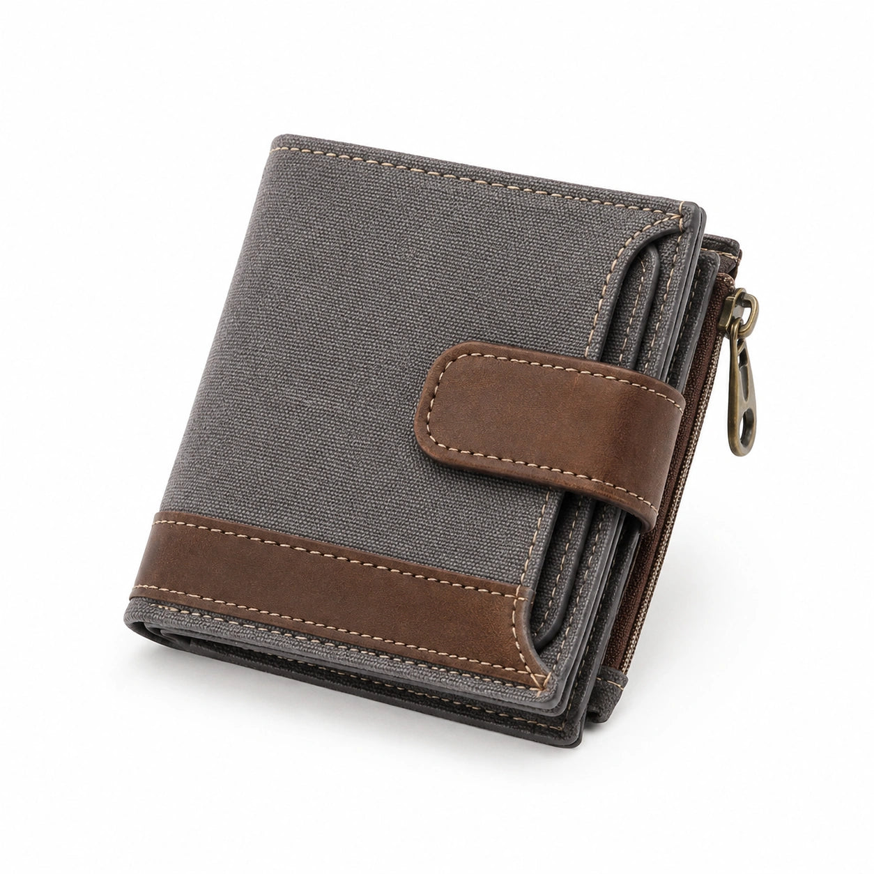 Geldbörse 12 x 10 x 3 cm aus Textil und Kunstleder Grau Braun mit Reißverschluss