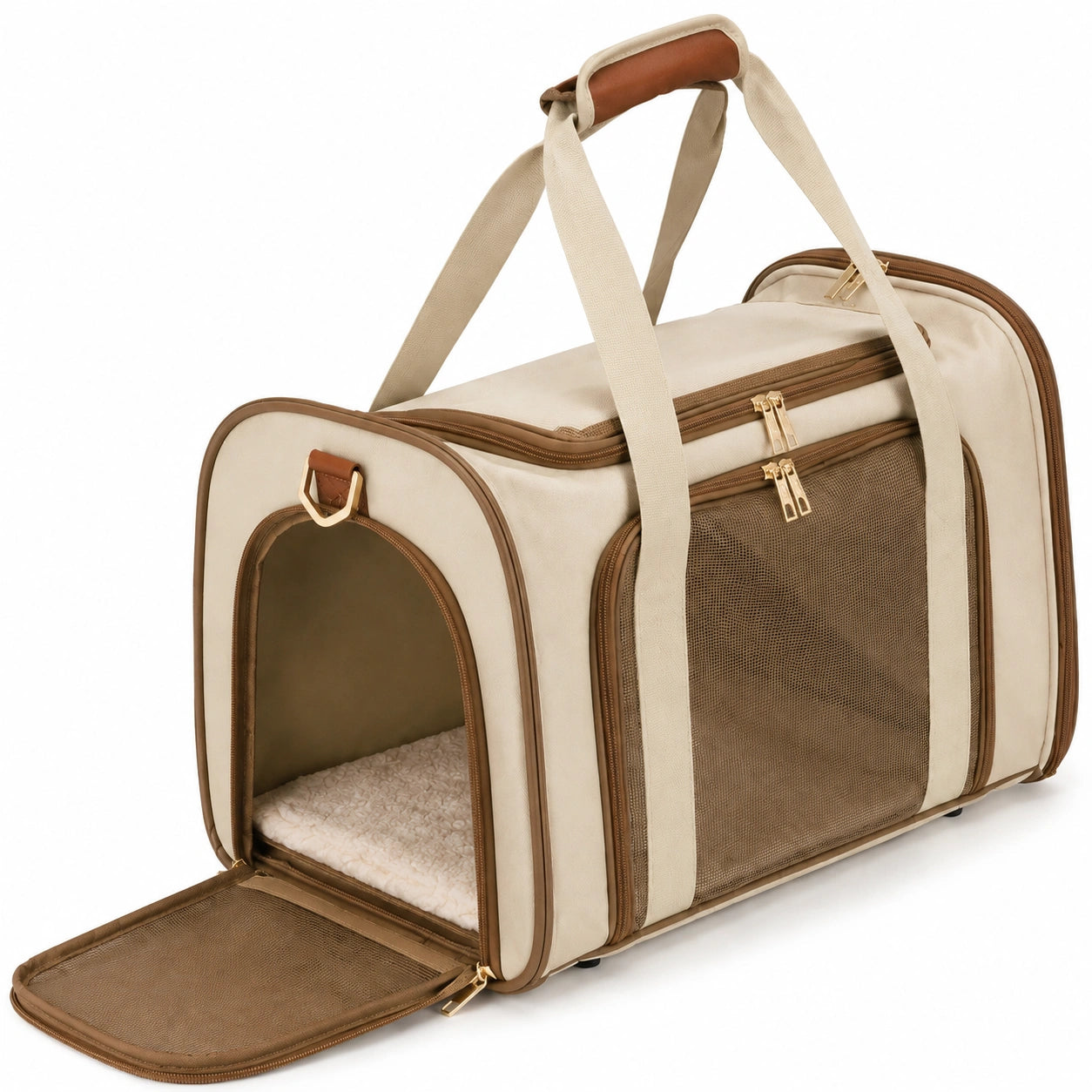 Haustier-Transporttasche 50 x 30 x 30 cm aus Textil in Beige/Braun mit Netzfenstern