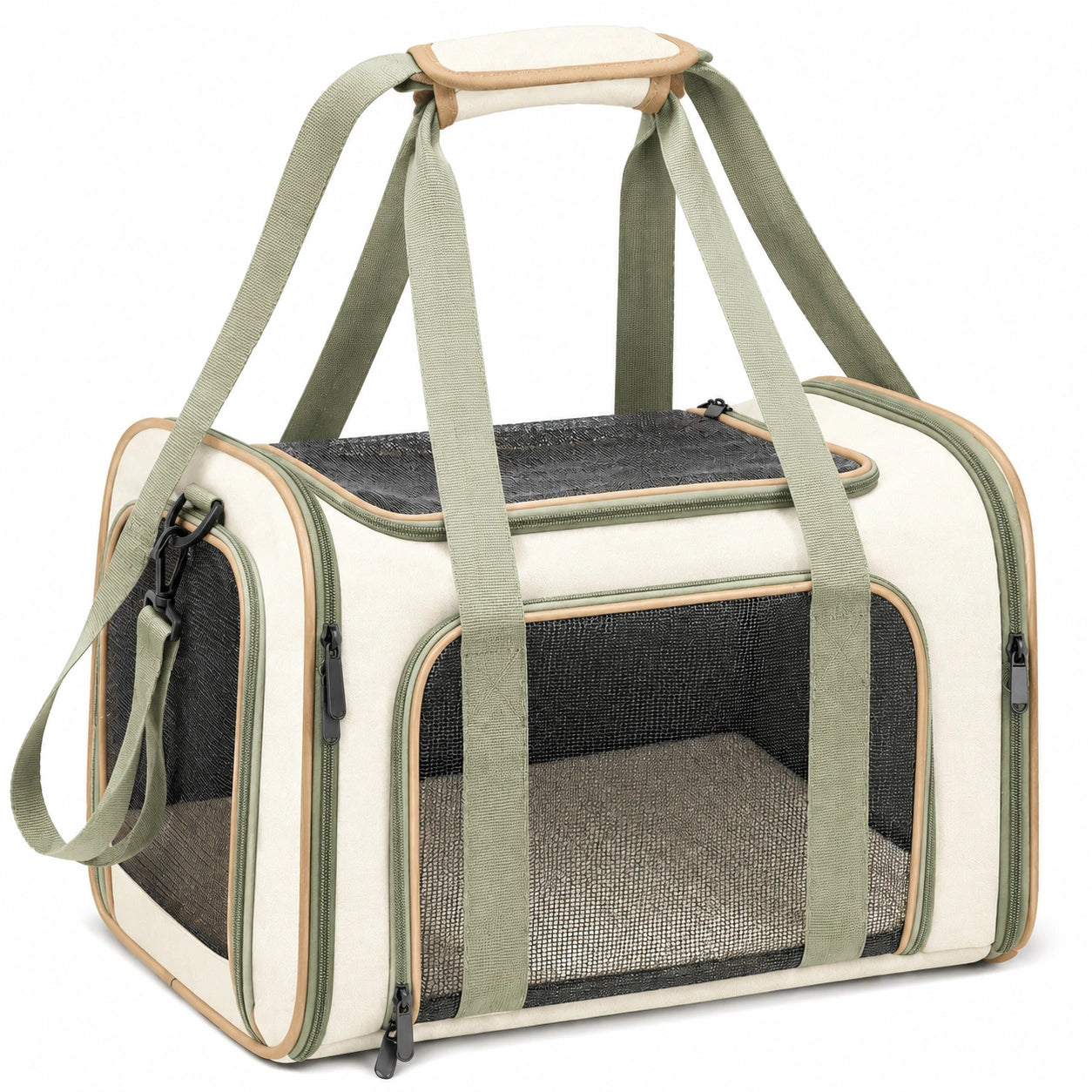 Haustier-Transporttasche 45 x 28 x 30 cm Textil Mesh Beige Grün mit Schultergurt