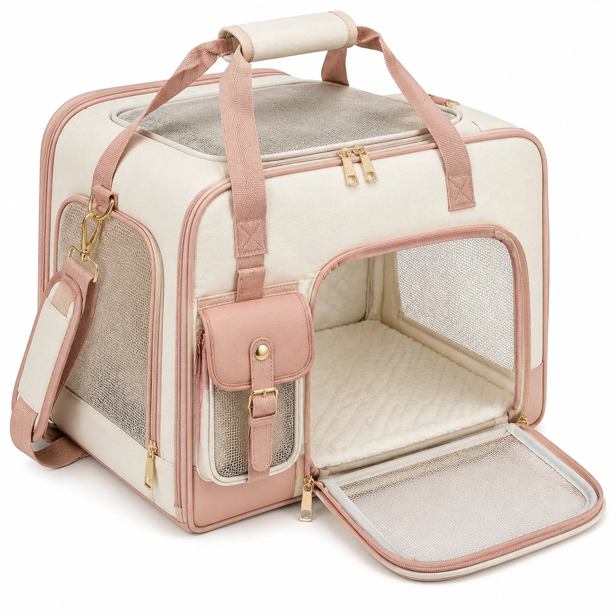 Haustier-Transporttasche 45 x 30 x 30 cm Textil Creme/Rosa mit Netzfenstern und Schultergurt
