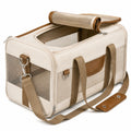 Haustier-Transporttasche 45 x 28 x 30 cm aus Textil in Beige Braun mit Netzfenstern und Schultergurt