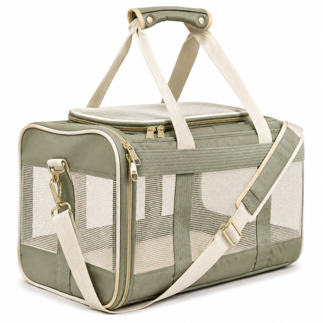 Haustier-Transporttasche 45 x 28 x 30 cm aus Textilgewebe in Grün mit Netzfenstern und Schultergurt