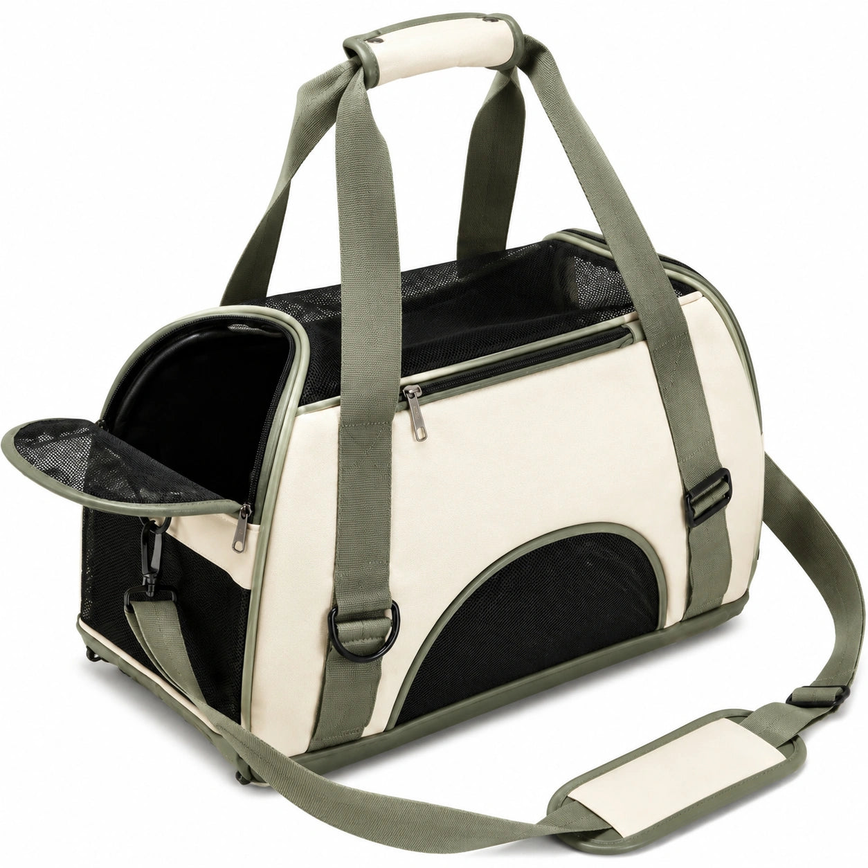 Tiertransporttasche 45 x 28 x 30 cm aus Kunstfaser in Beige Grün mit Netzfenstern