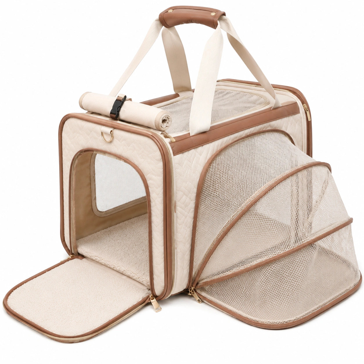 Haustier Transporttasche 45 x 28 x 30 cm Textil Beige Braun mit Netzfenstern und Erweiterung