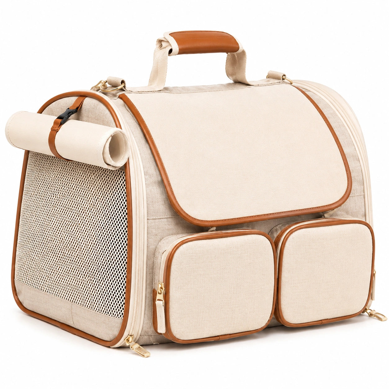 Haustier Transporttasche 45 x 30 x 35 cm Textil Beige Braun mit Netzfenster