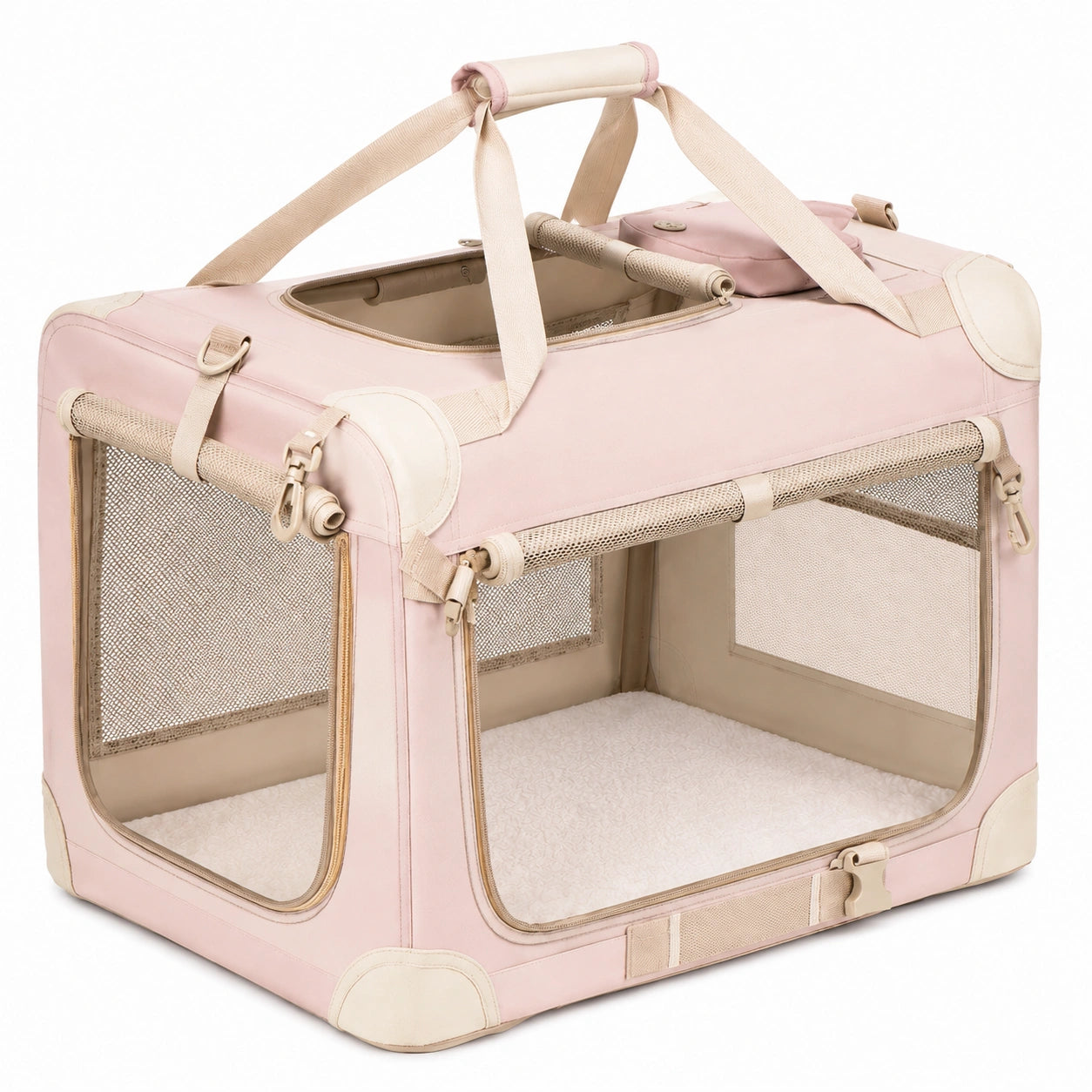 Faltbare Haustier-Transportbox 50x35x35 cm aus Textilgewebe Rosa Beige mit Netzfenstern