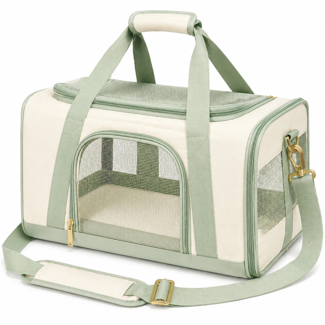Haustier Transporttasche 45 x 28 x 30 cm Textil Cremegrün mit Netzfenstern und Schultergurt