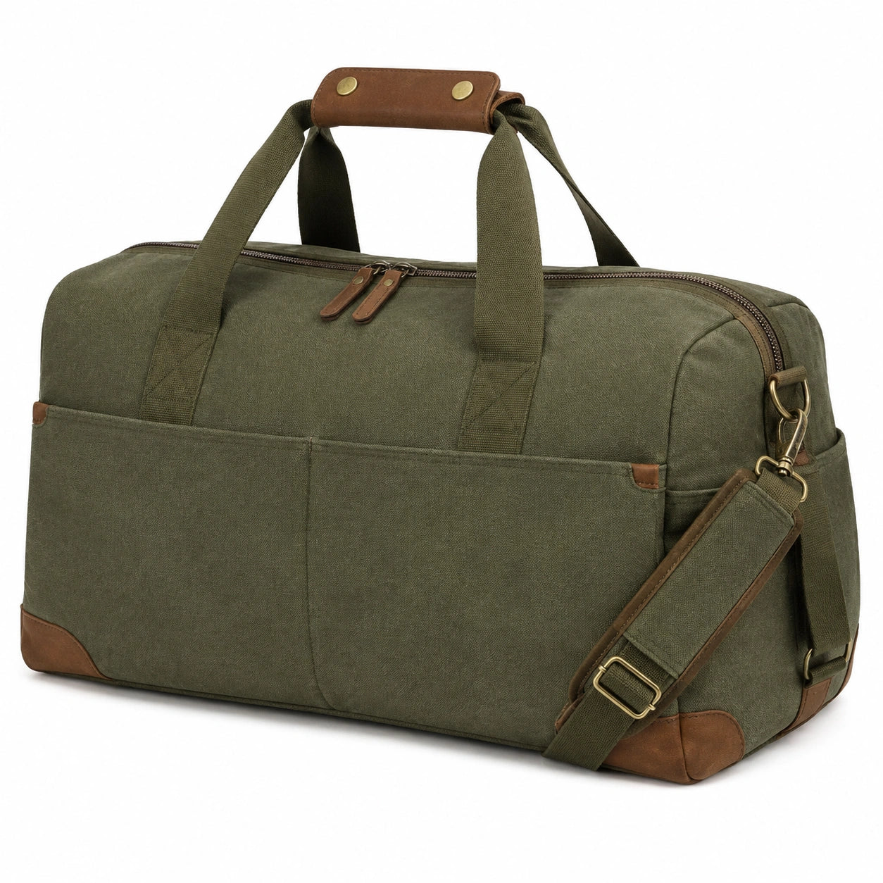 Reisetasche 50 x 25 x 30 cm aus Canvas und Kunstleder Olivgrün mit Schultergurt