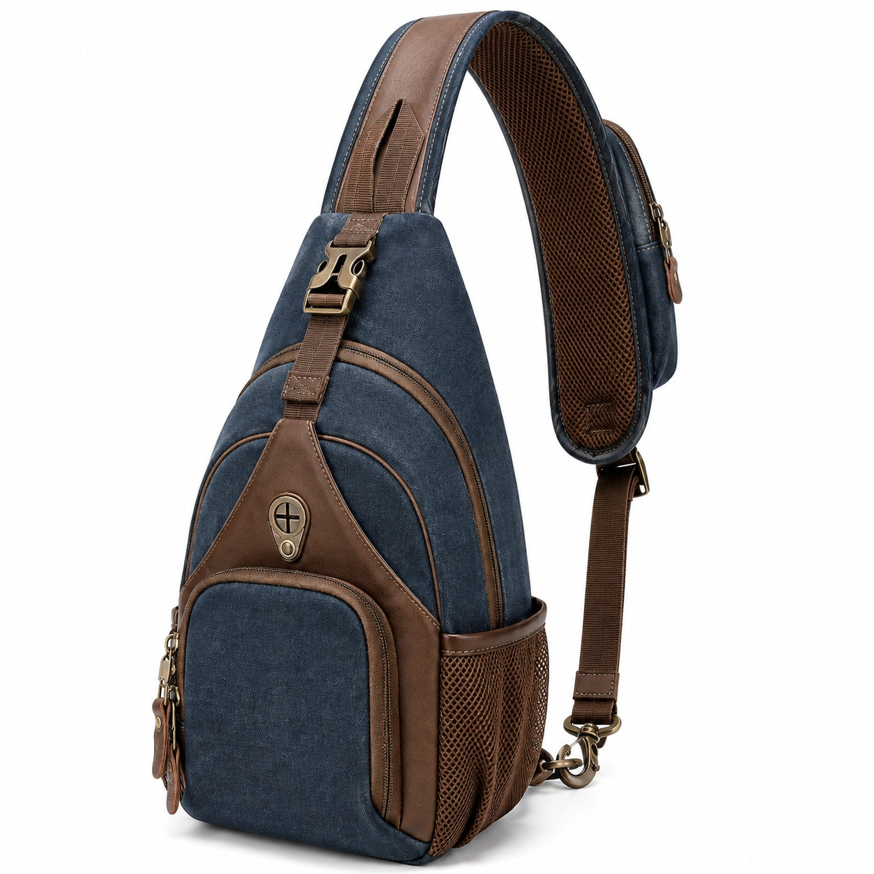 Umhängetasche 18 x 10 x 33 cm aus Textil und Kunstleder Blau Braun mit Reißverschluss