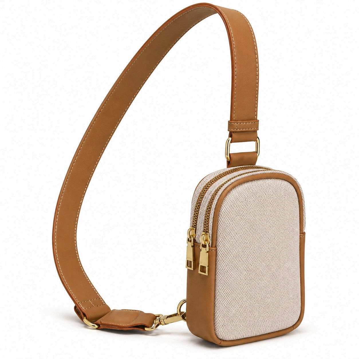 Umhängetasche 12 x 6 x 20 cm aus Kunstleder und Textil in Braun Beige mit Doppelreißverschluss